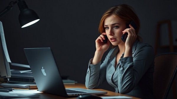 Stressed woman on phone at desk showcasing AI empathy in customer reactions.