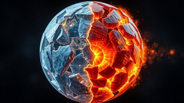 Intricate sphere symbolizing quantum computing with icy blue and fiery orange halves.