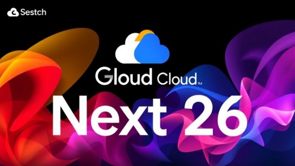 Google Cloud Next 26 branding with colorful abstract shapes.