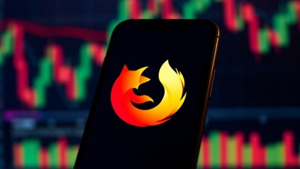 Smartphone with Firefox logo, blurred financial graphs behind, cybersecurity theme