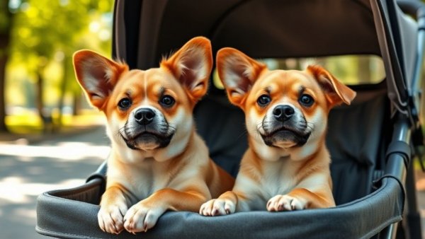 Flat-faced dogs enjoying a stroller ride in park.