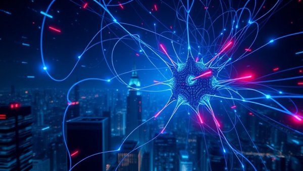 Futuristic scene depicting AI in cybersecurity with glowing digital network.