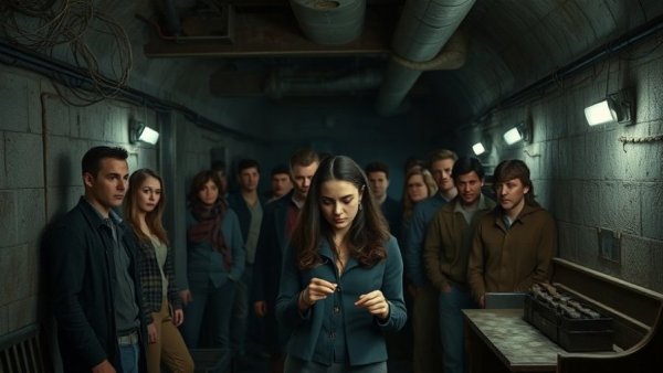 Group gathers in underground room, highlighting humanity's resilience in silo.