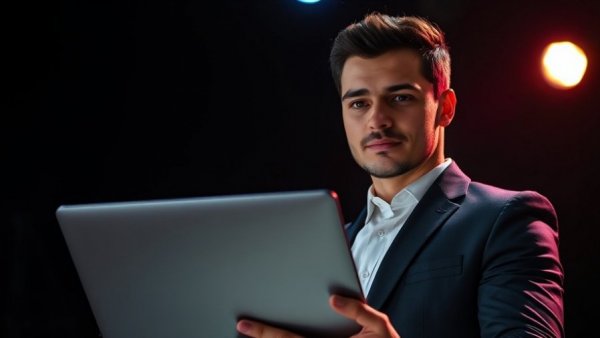 Confident presentation of new consumer technology laptop on stage.