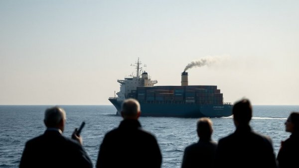 Silhouetted figures observe a container ship in blockade, US blockade on Iran.