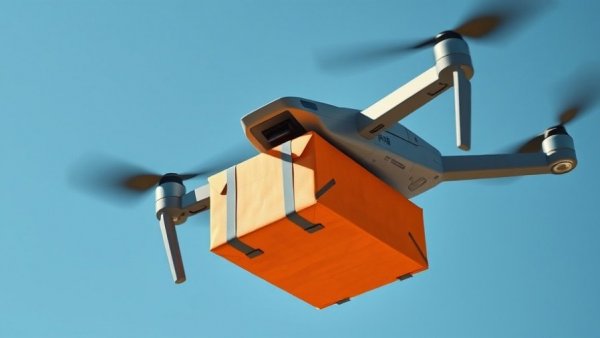 Drone delivering pizza with an orange package against blue sky.