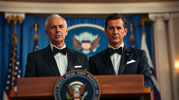 Formal event at White House, men in tuxedos at podium.