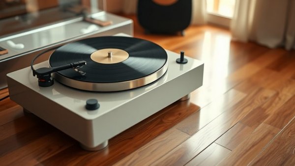 Vintage-style consumer technology turntable on a box, retro aesthetic.