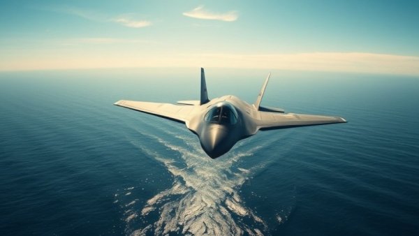 Stealth bomber flying over ocean at daylight