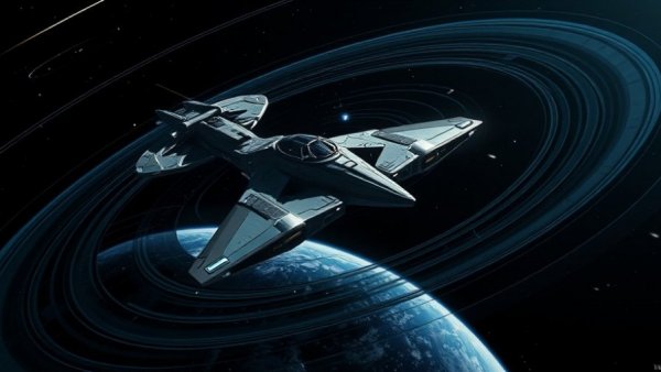 Futuristic spacecraft in cislunar space blockade scenario.