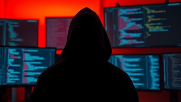 Hooded figure observing code on screens under red lighting, illustrating UAE Cybercrime Laws concept.