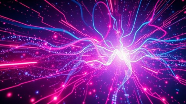 Futuristic neon quantum energy pattern with cosmic glow.