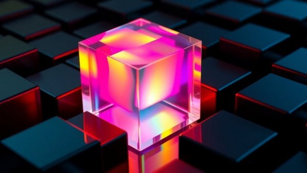 Transparent AI concept with glowing cube amid dark cubes.