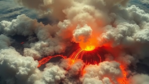 Aerial view of Venus volcano with glowing lava and clouds.