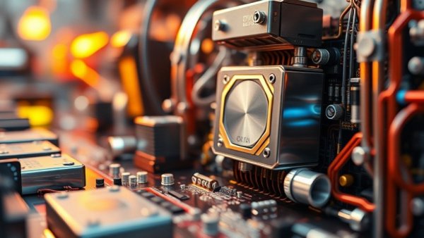 Quantum computing hardware with detailed metallic components.