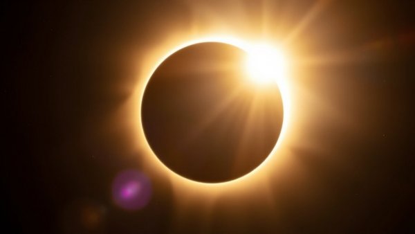 Solar eclipse from space with moon obscuring sun and glowing corona