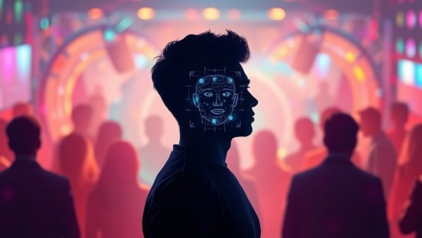 Digital face recognition technology highlighting silhouettes, Disneyland connection.