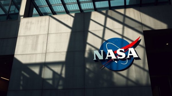 NASA building showing logo and shadow patterns under glass ceiling, highlighting NASA budget cuts.