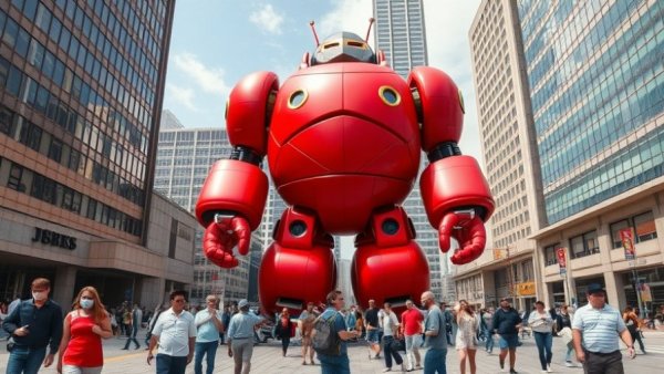 Inflated red robot in city setting, symbolic of AI development.
