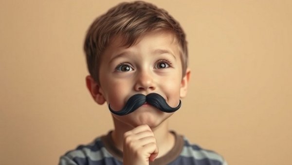 Young boy playfully holding a fake mustache, exploring disguise.