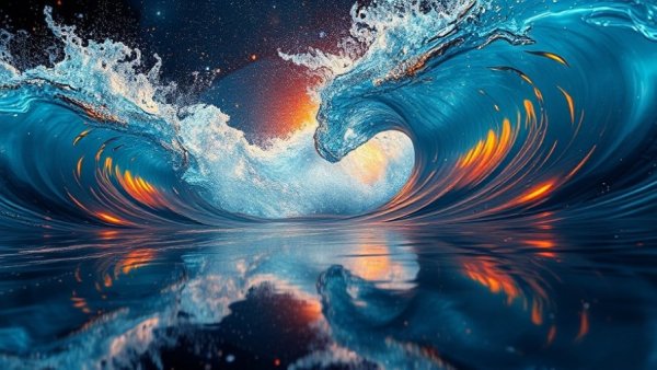 Abstract energy waves in cosmic scene representing quantum computing.