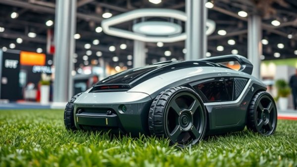 Modern robot lawn mower on display in a tech expo setting.