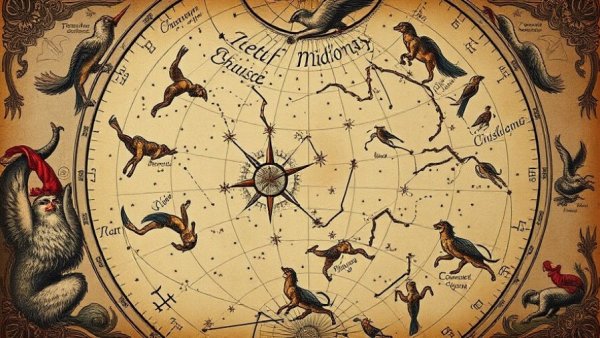 Vintage celestial map with illustrated spring constellations.