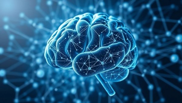 Abstract AI brain with digital nodes and neural connections.