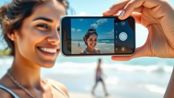 Smartphone capturing moment with young woman, consumer technology focus.