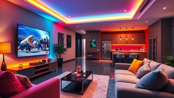 Affordable HDMI 2.1 sync box in vibrant LED-lit living room.