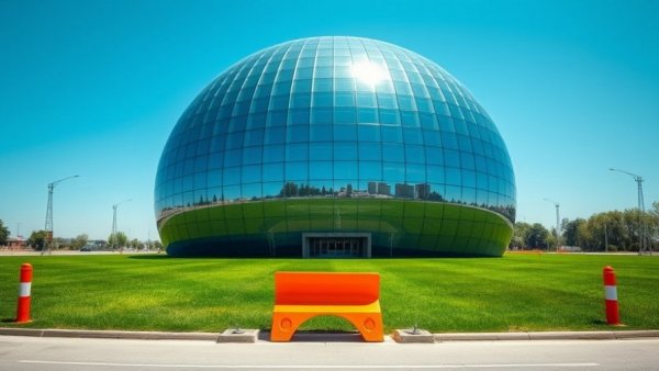 Futuristic spherical building near Foxconn ransomware news.