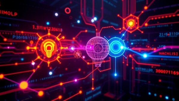 Futuristic quantum computing concept with glowing data paths.