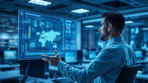 Futuristic AI-based decision support system in digital workspace.