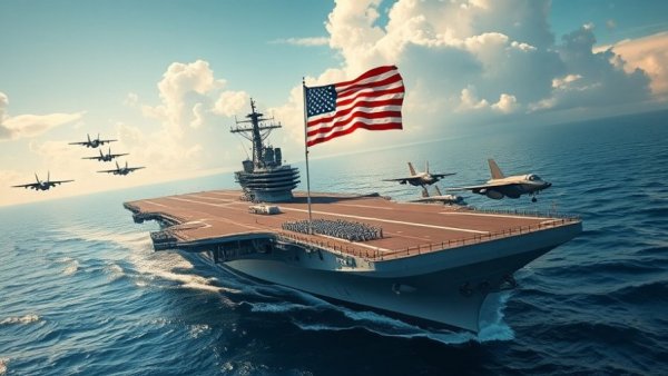 USS Gerald R. Ford deployment scene with American flag and aircraft.