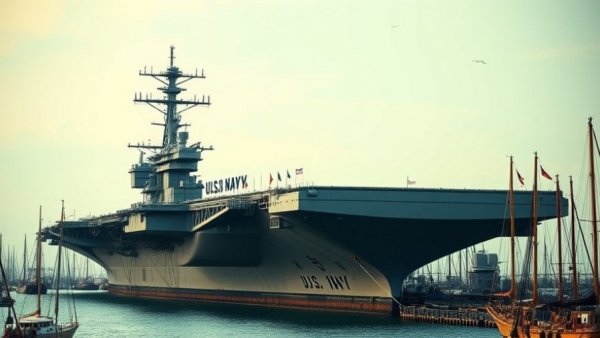 U.S. Navy aircraft carrier docked in harbor with flags