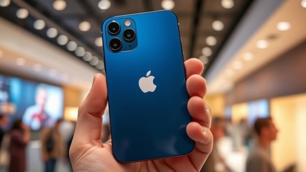 Blue iPhone showcasing Apple's design in a showroom.