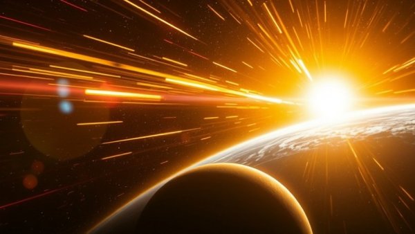 Space weather effect around planet with solar flares and magnetic fields.