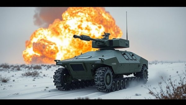 A military unmanned ground vehicle in snow with a distant explosion.