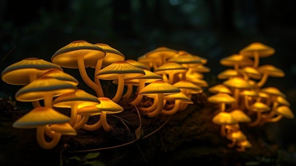 Bioluminescent mushrooms glowing in a dark forest.