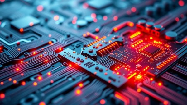Futuristic quantum computing circuitry with neon glow.