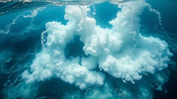 Aerial view of dynamic underwater volcanic eruptions with steam and gas.