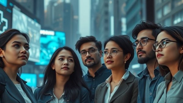 Young professionals ponder AI's job market impact in a futuristic cityscape.