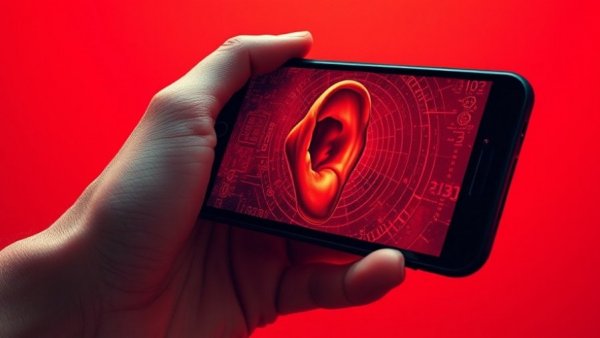 Surreal image symbolizing privacy and cybersecurity with ear on phone screen.