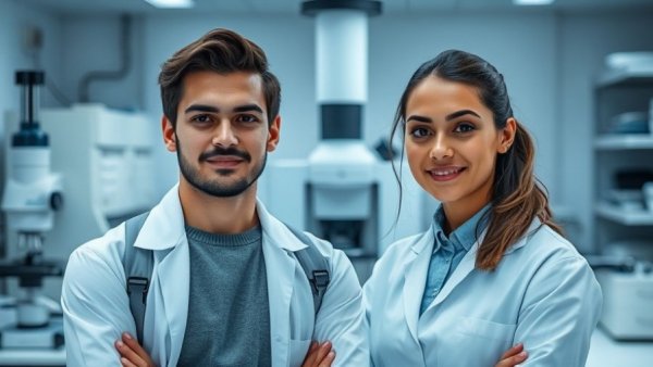 Agentic AI researchers with electron microscopy equipment in a lab.