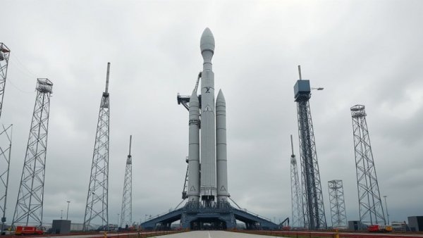 SpaceX Starship tower against cloudy sky at the launch site.