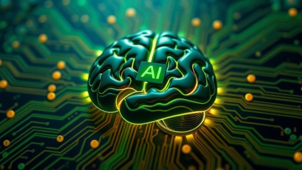 AI-generated writing in literature symbolized by a glowing circuit brain.