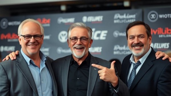 Smiling men at premiere event, Consumer Technology theme.