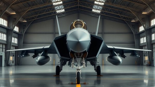 Military fighter jet in hangar for Gulf defense against Iran strategy.