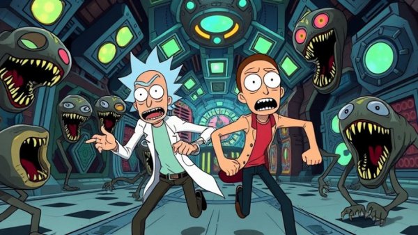 Rick and Morty fleeing in sci-fi chaos from alien creatures.