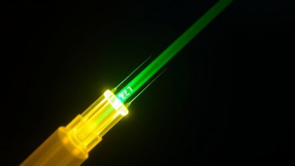 Gold-coated optical fiber with green glow in a lab setting.